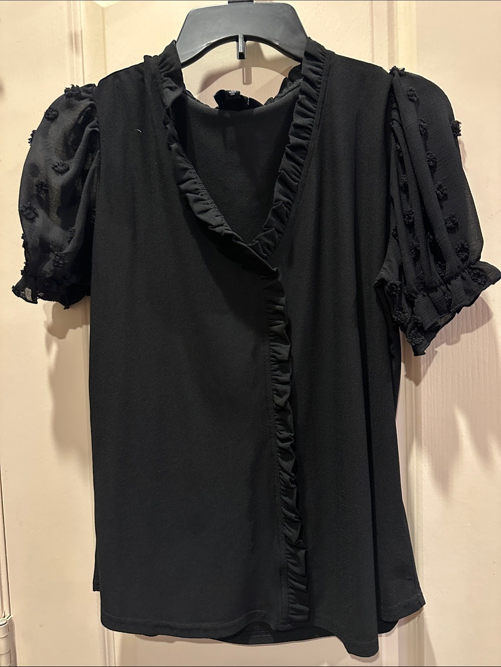 Flower and Feather Black Ruffle-Trim Puff Sleeve Top